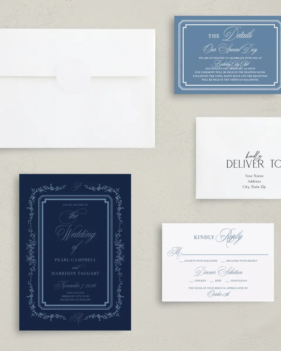 This is a 5" x 7" Classic Wedding Invitation called Berkeley printed in full color with Silver foil on Luxe Satin (coated) paper