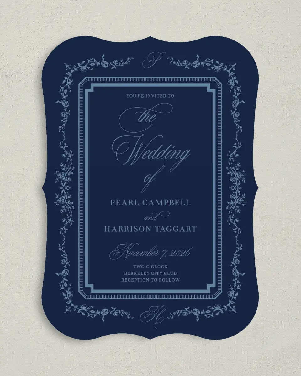 This is a 5" x 7" Bracket Wedding Invitation called Berkeley printed in full color on Premium Smooth paper
