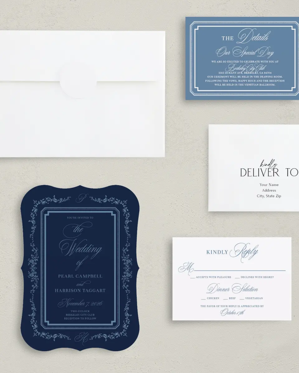 This is a 5" x 7" Bracket Wedding Invitation called Berkeley printed in full color with Silver foil on Luxe Satin (coated) paper