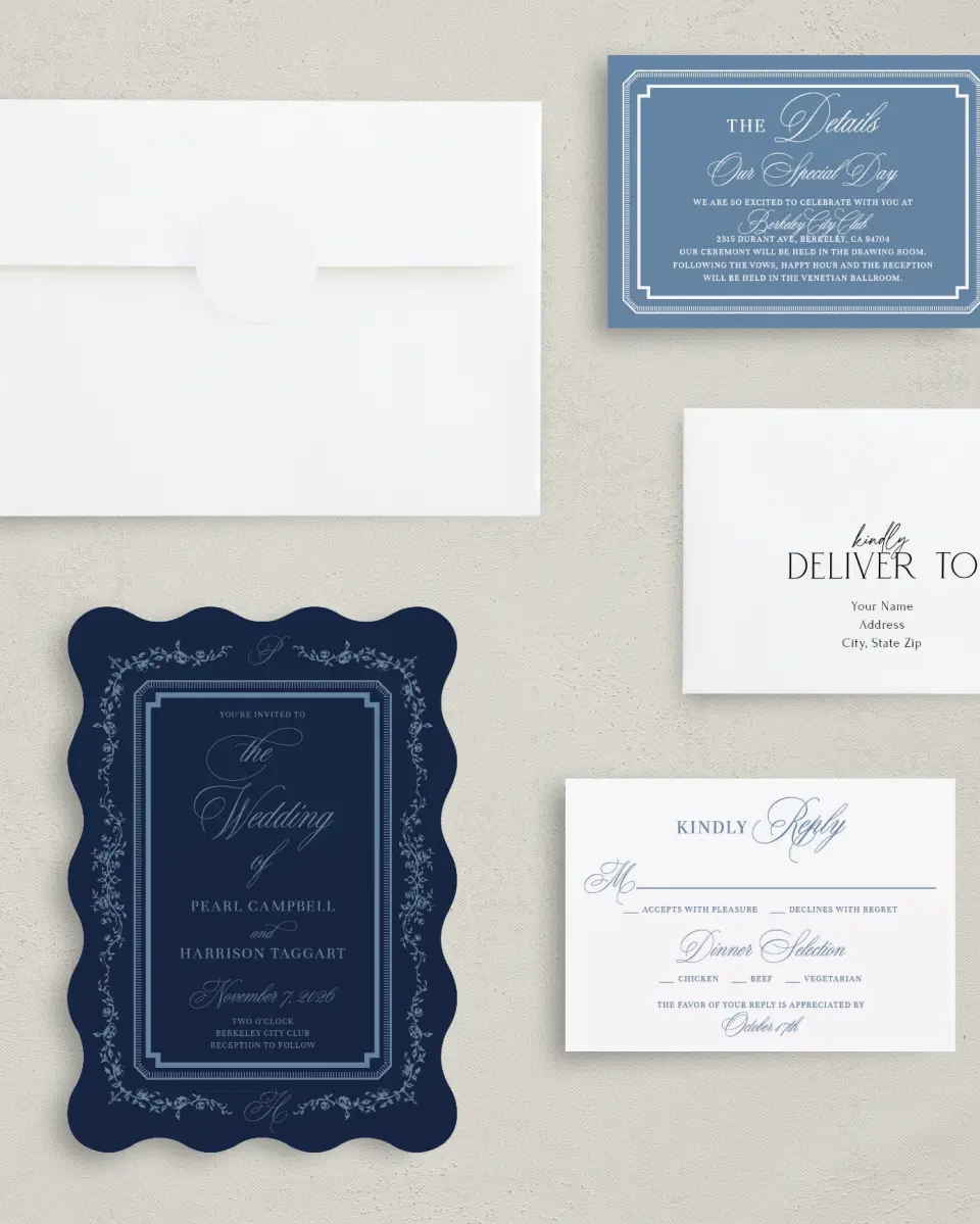 This is a 5" x 7" Wavy Wedding Invitation called Berkeley printed in full color with Silver foil on Luxe Satin (coated) paper