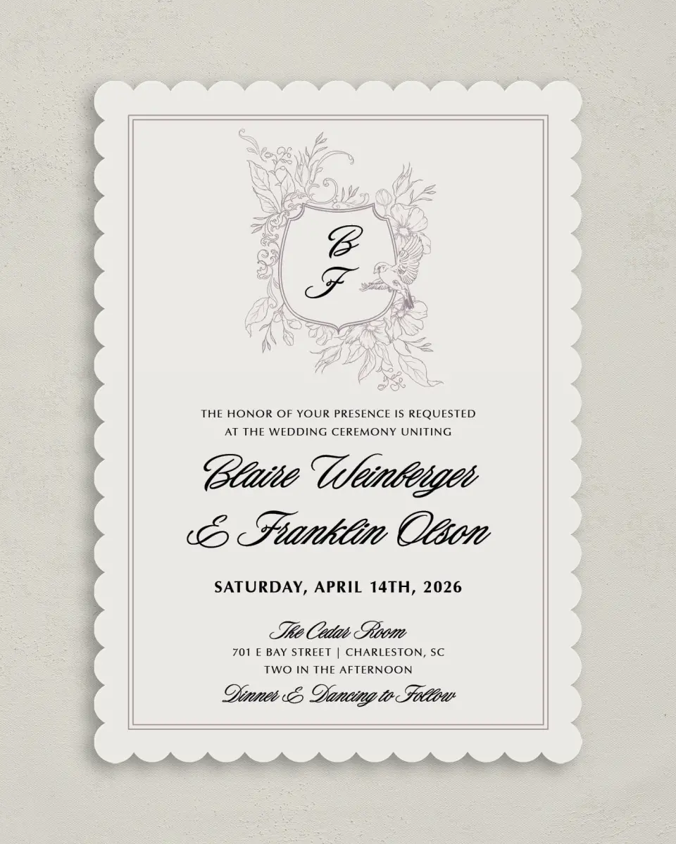 This is a 5" x 7" Classic Wedding Invitation called Charleston printed in full color on Premium Smooth paper
