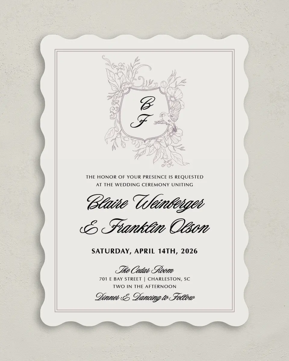 This is a 5" x 7" Wavy Wedding Invitation called Charleston printed in full color on Premium Smooth paper