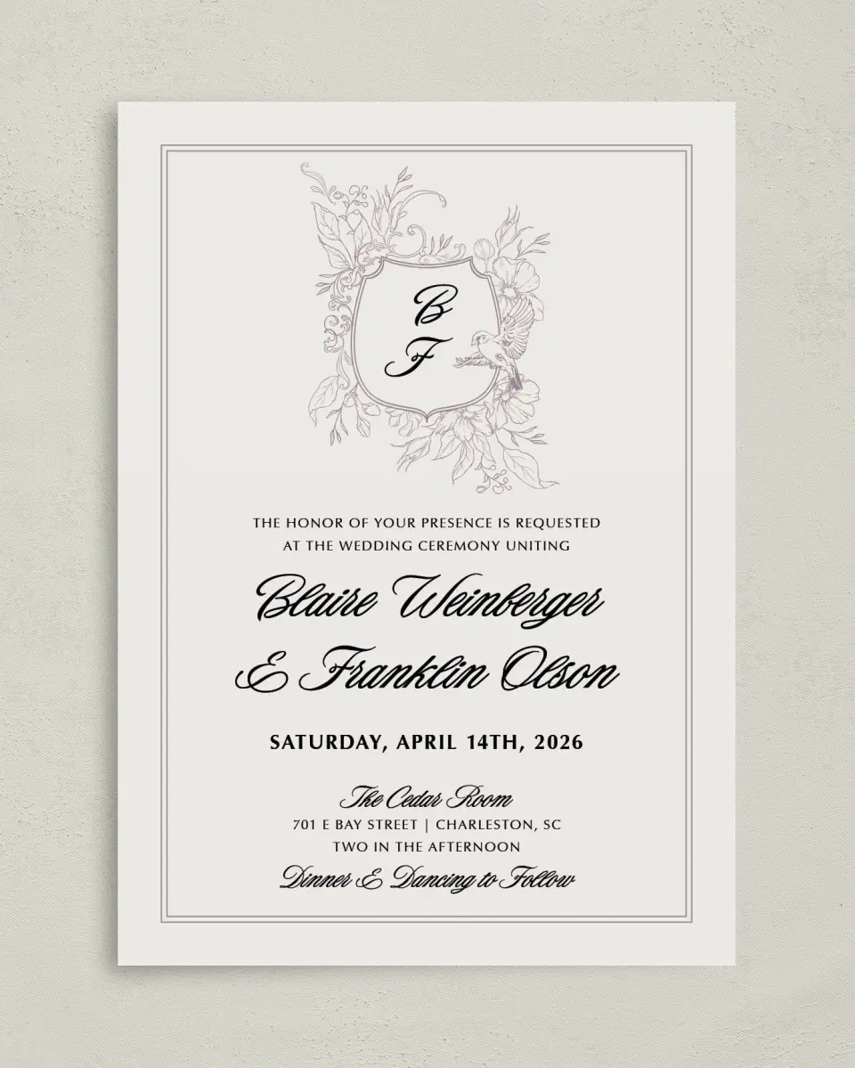 This is a 5" x 7" Classic Wedding Invitation called Charleston printed in full color on Premium Smooth paper