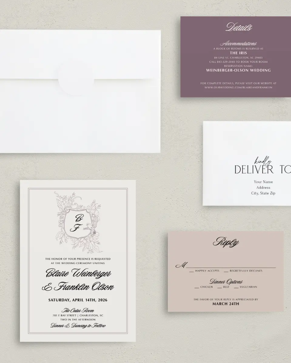 This is a 5" x 7" Classic Wedding Invitation called Charleston printed in full color with Gold foil on Luxe Satin (coated) paper