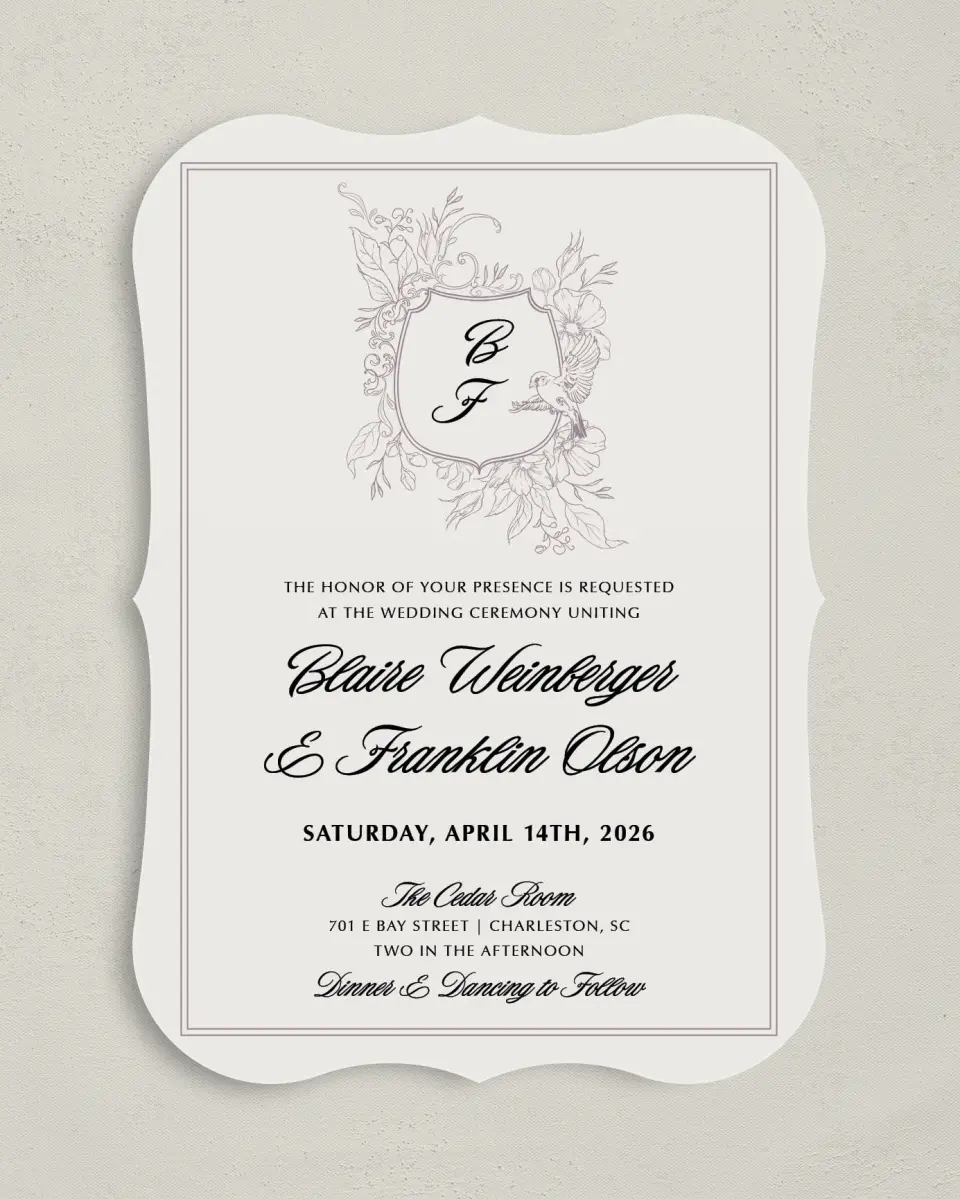 This is a 5" x 7" Bracket Wedding Invitation called Charleston printed in full color on Premium Smooth paper