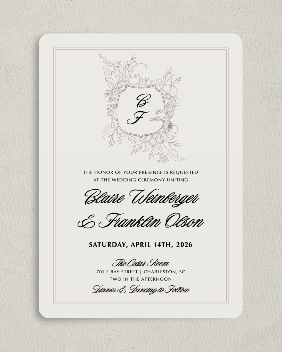 This is a 5" x 7" Rounded Wedding Invitation called Charleston printed in full color on Premium Smooth paper