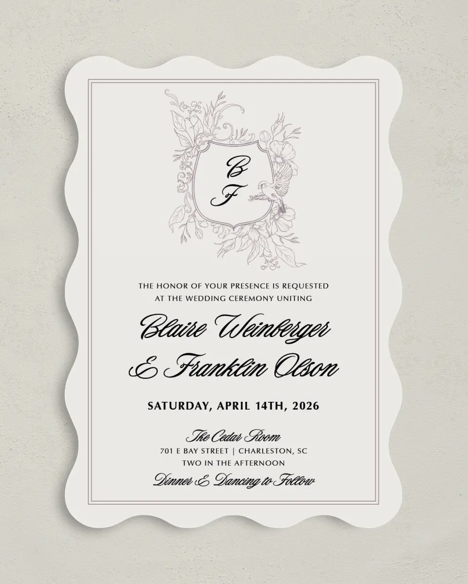 This is a 5" x 7" Wavy Wedding Invitation called Charleston printed in full color on Premium Smooth paper