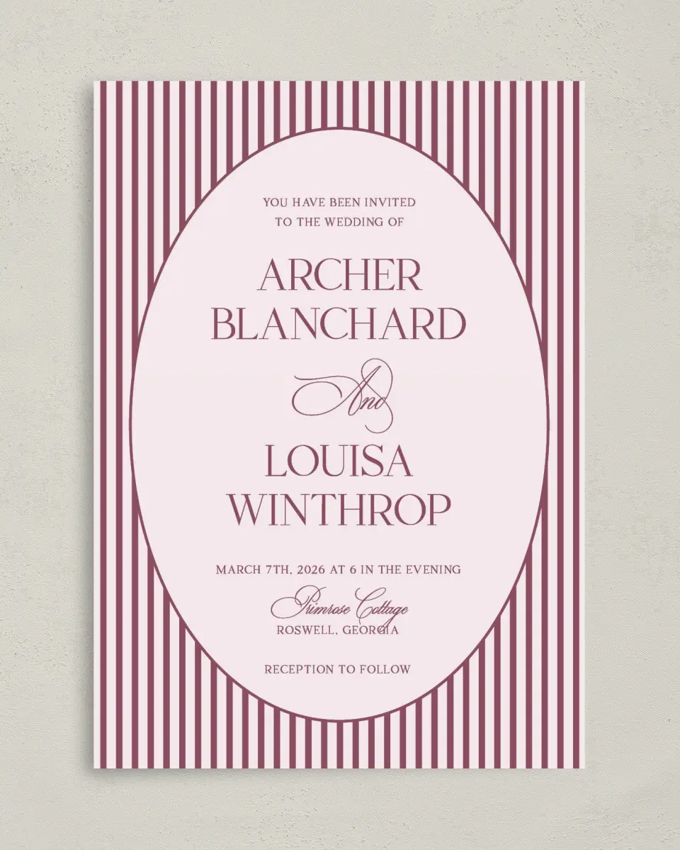 This is a 5" x 7" Classic Wedding Invitation called Roswell printed in full color on Premium Smooth paper