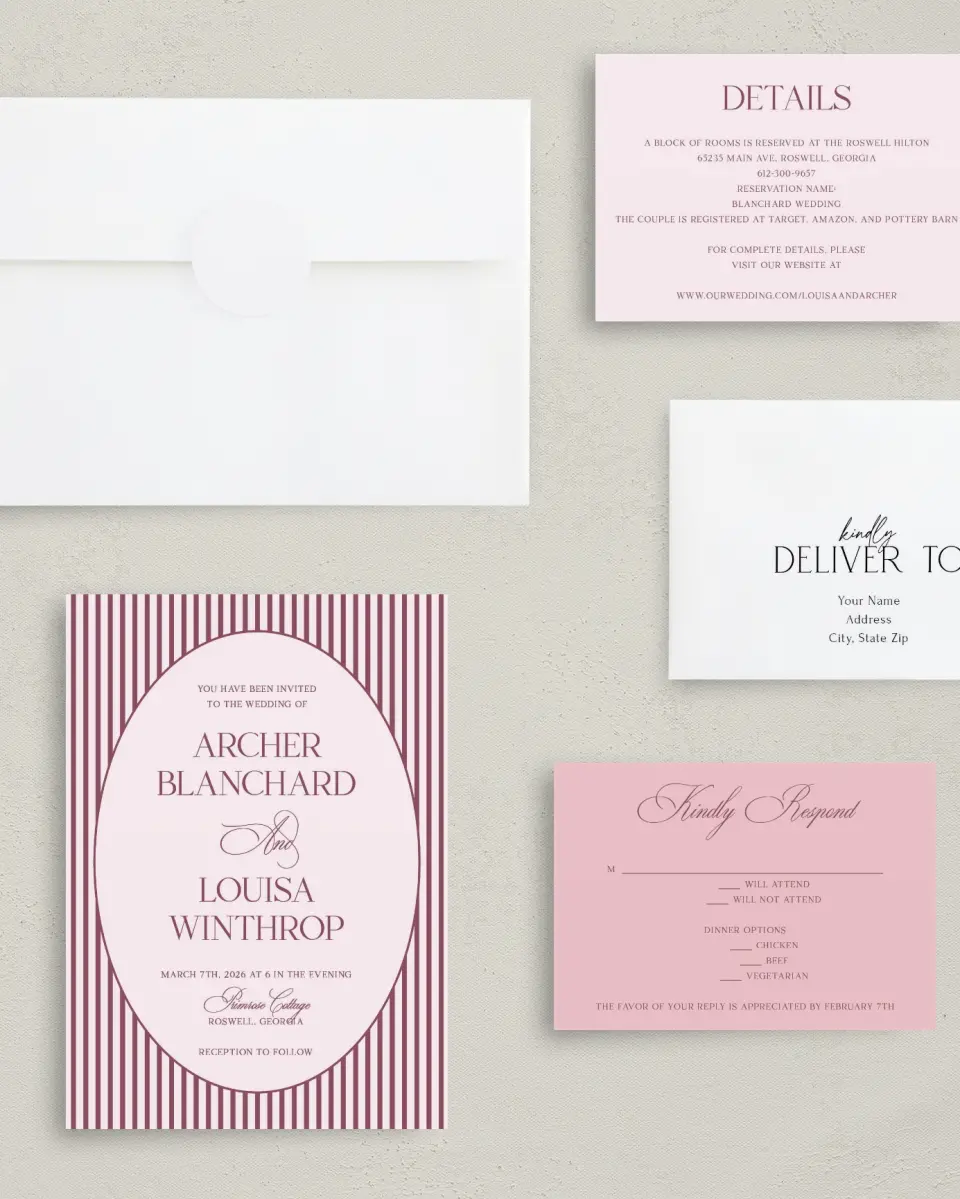 This is a 5" x 7" Classic Wedding Invitation called Roswell printed in full color on Premium Smooth paper
