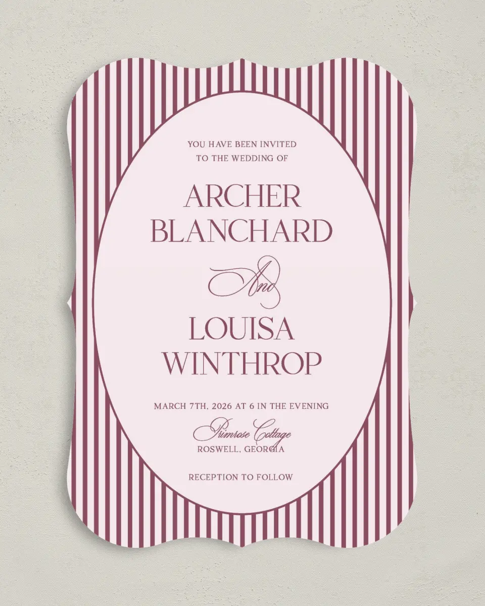 This is a 5" x 7" Bracket Wedding Invitation called Roswell printed in full color on Premium Smooth paper