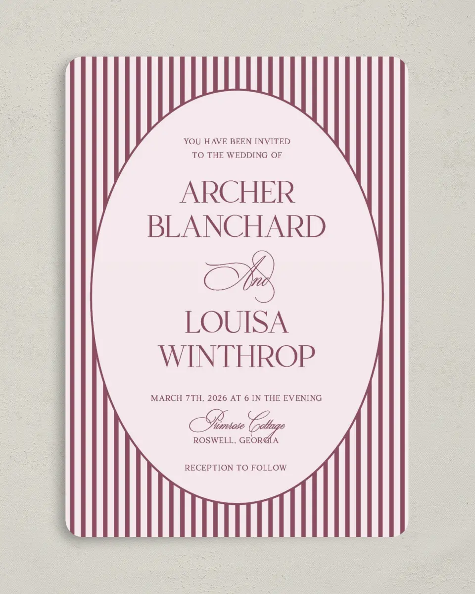 This is a 5" x 7" Rounded Wedding Invitation called Roswell printed in full color on Premium Smooth paper