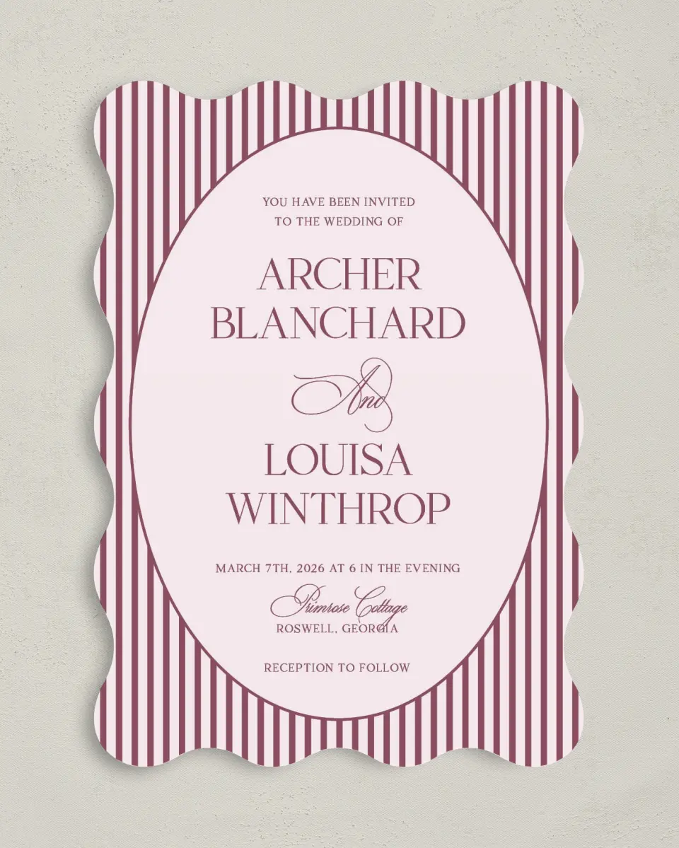 This is a 5" x 7" Wavy Wedding Invitation called Roswell printed in full color on Premium Smooth paper