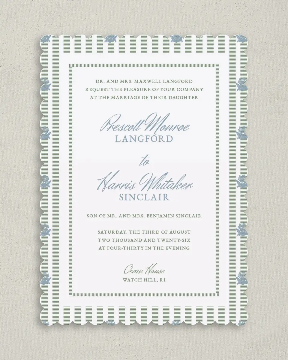 This is a 5" x 7" Classic Wedding Invitation called Watch Hill printed in full color on Premium Smooth paper