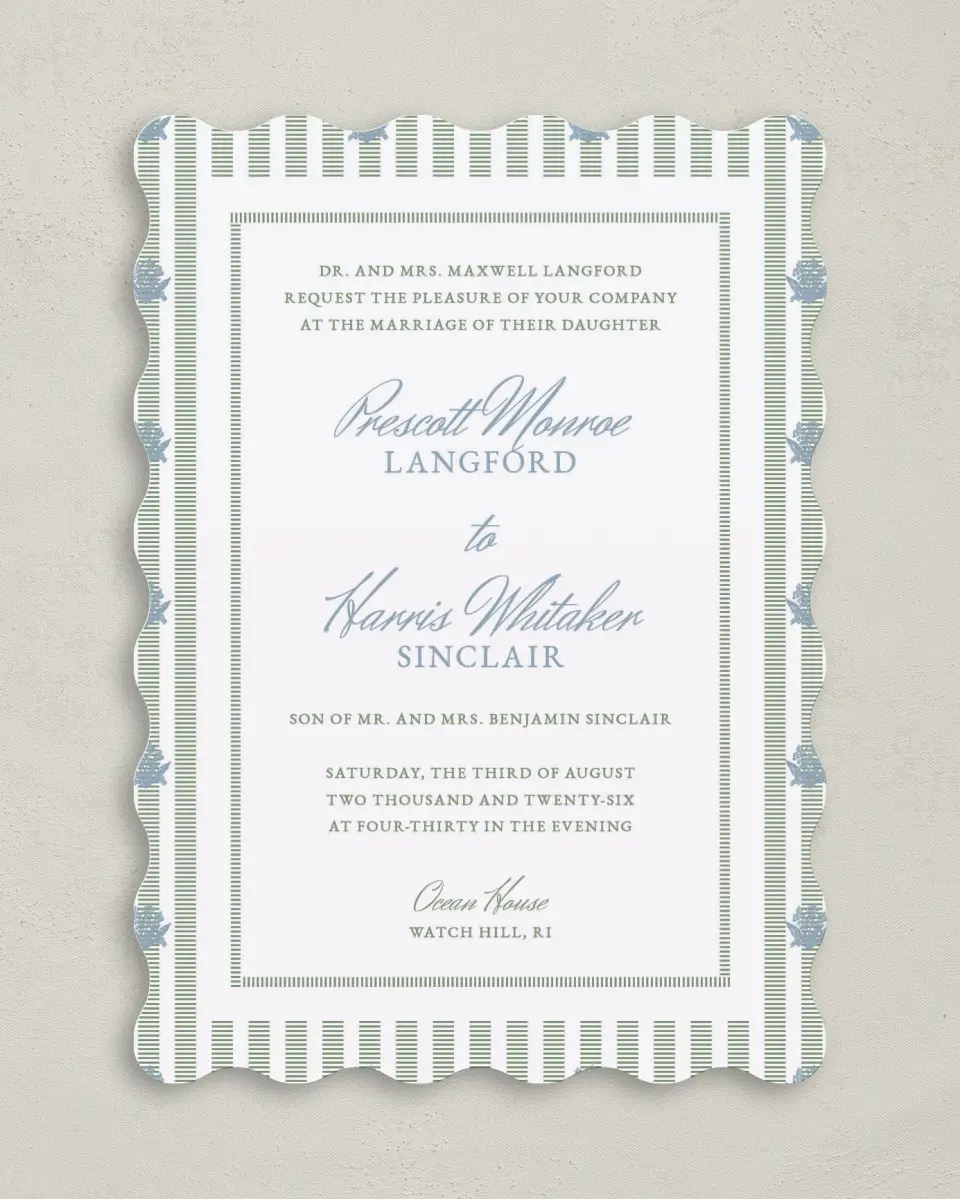 This is a 5" x 7" Wavy Wedding Invitation called Watch Hill printed in full color on Premium Smooth paper