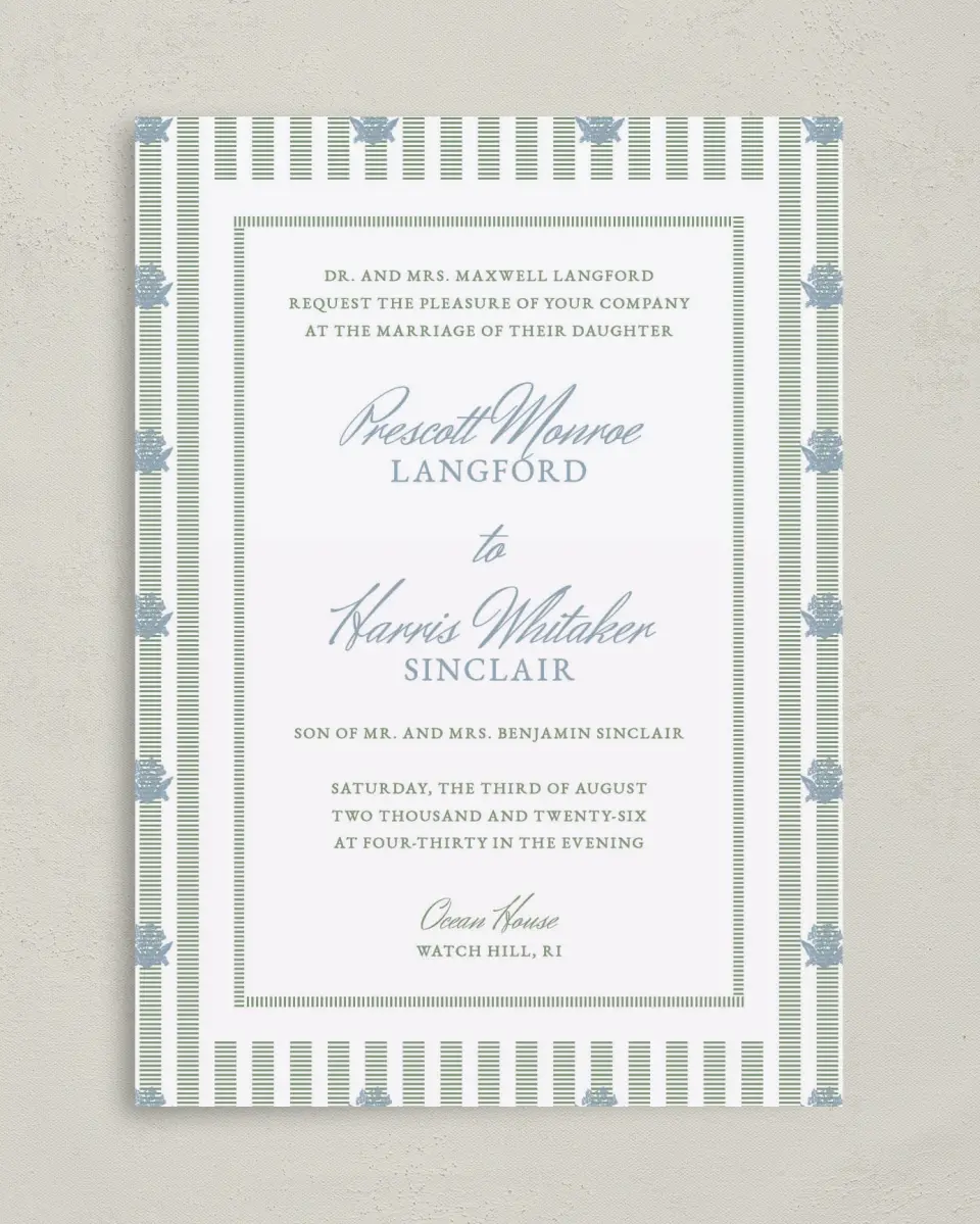 This is a 5" x 7" Classic Wedding Invitation called Watch Hill printed in full color on Premium Smooth paper