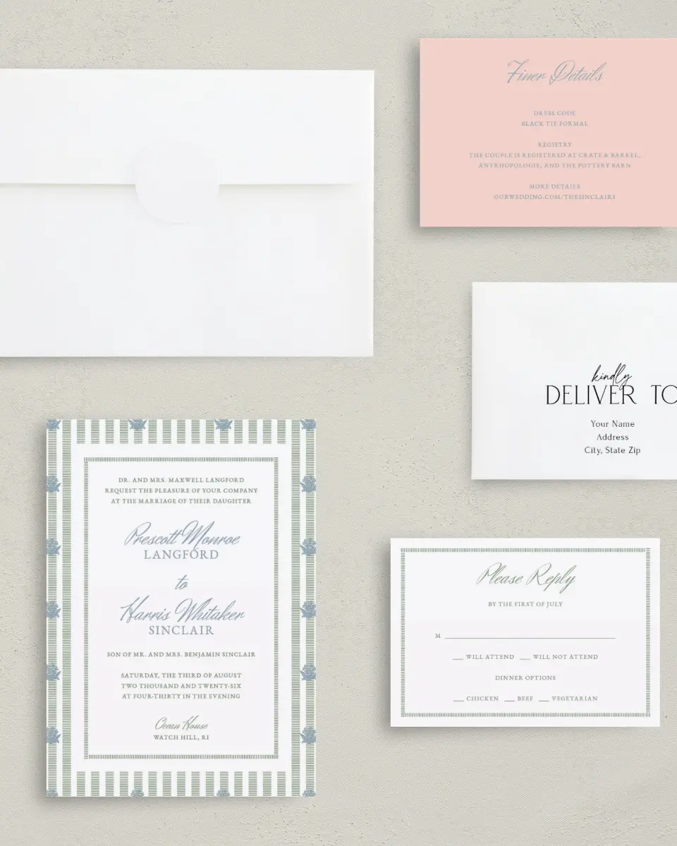 This is a 5" x 7" Classic Wedding Invitation called Watch Hill printed in full color with Rose Gold foil on Luxe Satin (coated) paper