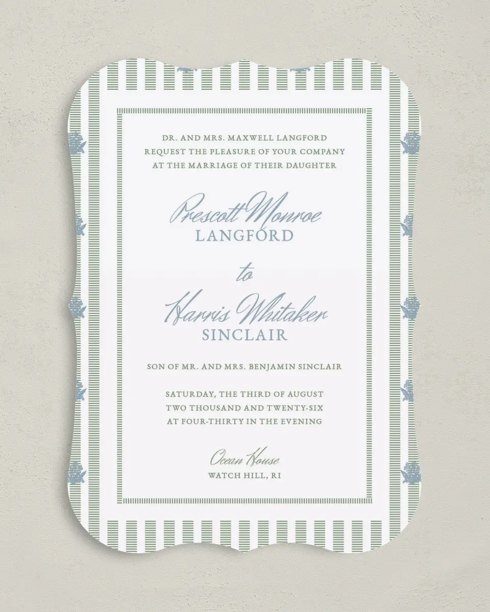 This is a 5" x 7" Bracket Wedding Invitation called Watch Hill printed in full color on Premium Smooth paper