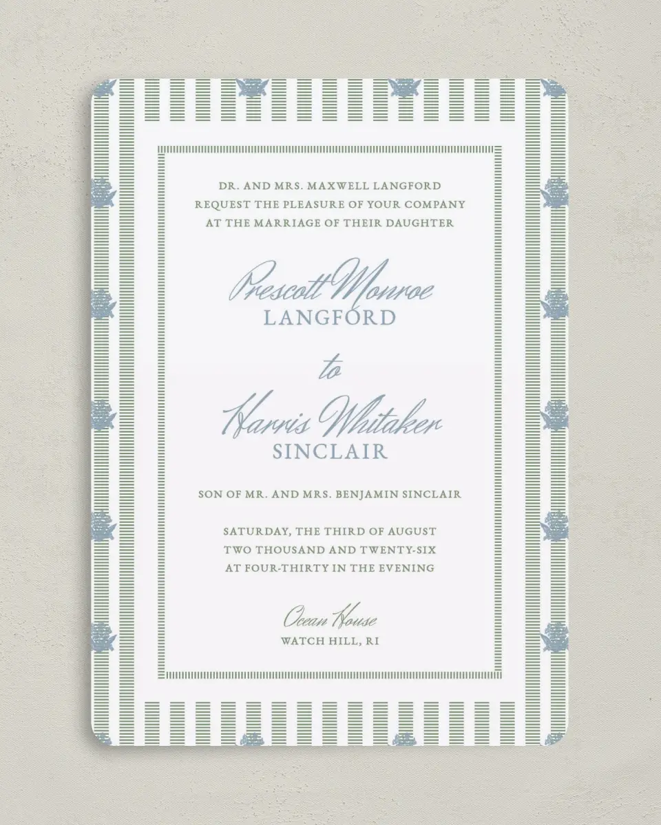 This is a 5" x 7" Rounded Wedding Invitation called Watch Hill printed in full color on Premium Smooth paper