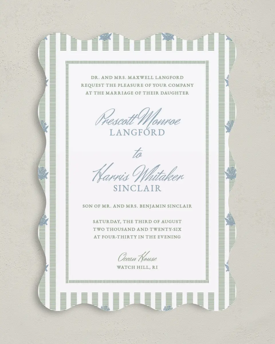 This is a 5" x 7" Wavy Wedding Invitation called Watch Hill printed in full color on Premium Smooth paper