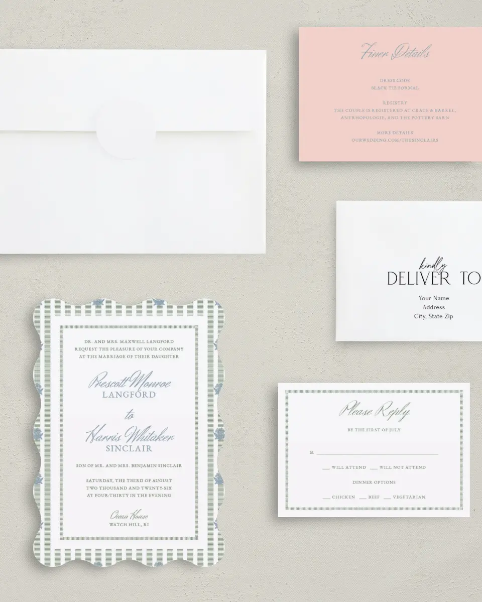 This is a 5" x 7" Wavy Wedding Invitation called Watch Hill printed in full color with Silver foil on Luxe Satin (coated) paper