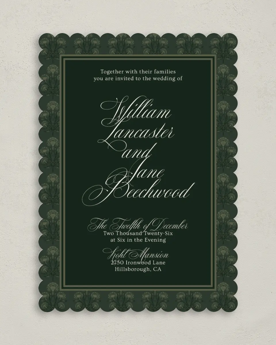 This is a 5" x 7" Classic Wedding Invitation called Hillsborough printed in full color on Premium Smooth paper