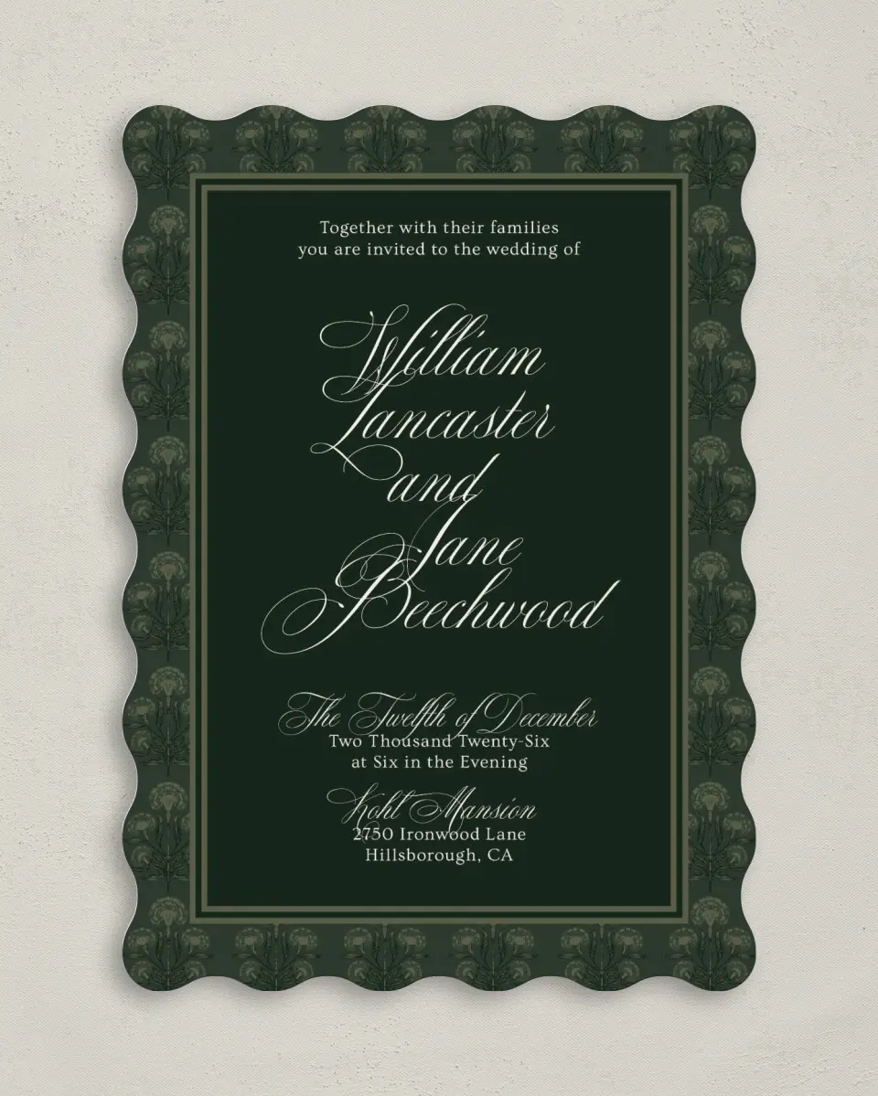 This is a 5" x 7" Wavy Wedding Invitation called Hillsborough printed in full color on Premium Smooth paper