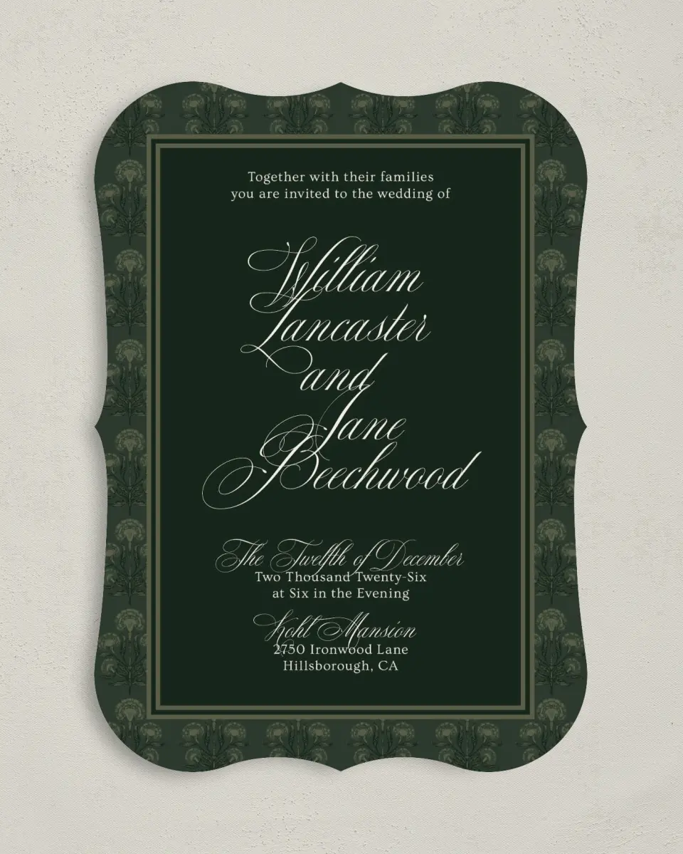 This is a 5" x 7" Bracket Wedding Invitation called Hillsborough printed in full color on Premium Smooth paper