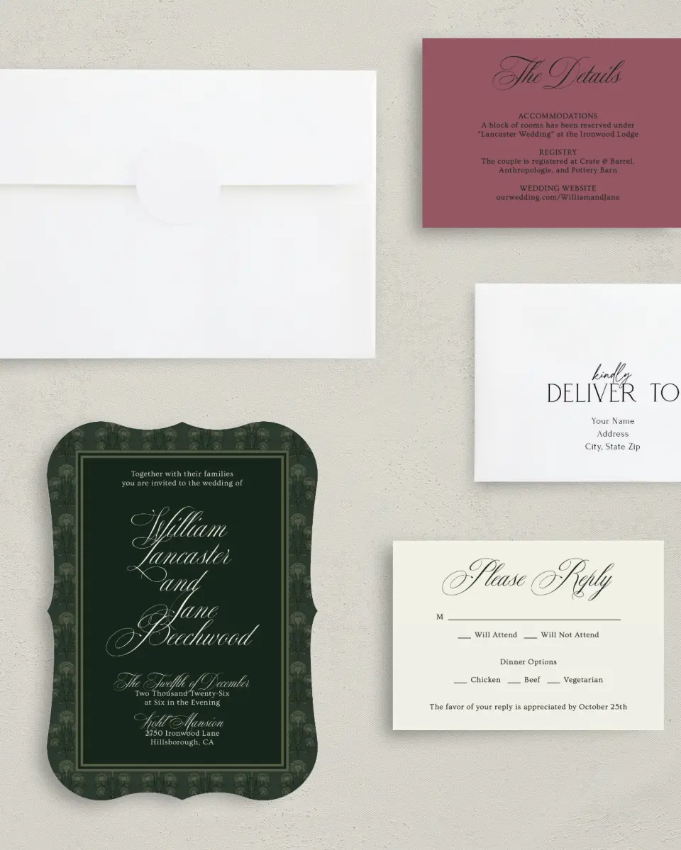 This is a 5" x 7" Bracket Wedding Invitation called Hillsborough printed in full color with Silver foil on Luxe Satin (coated) paper