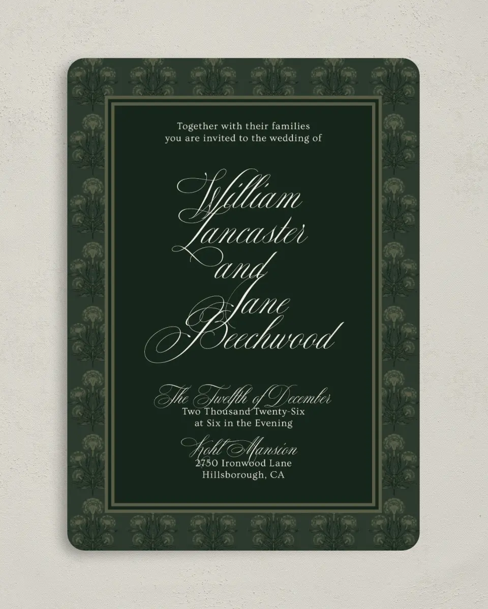 This is a 5" x 7" Rounded Wedding Invitation called Hillsborough printed in full color on Premium Smooth paper
