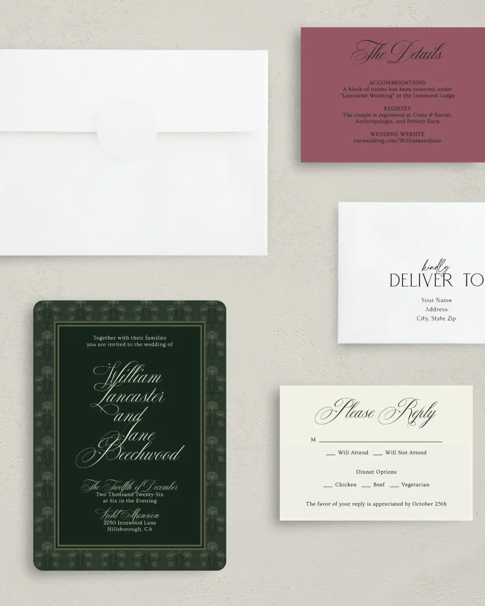 This is a 5" x 7" Rounded Wedding Invitation called Hillsborough printed in full color with Silver foil on Luxe Satin (coated) paper