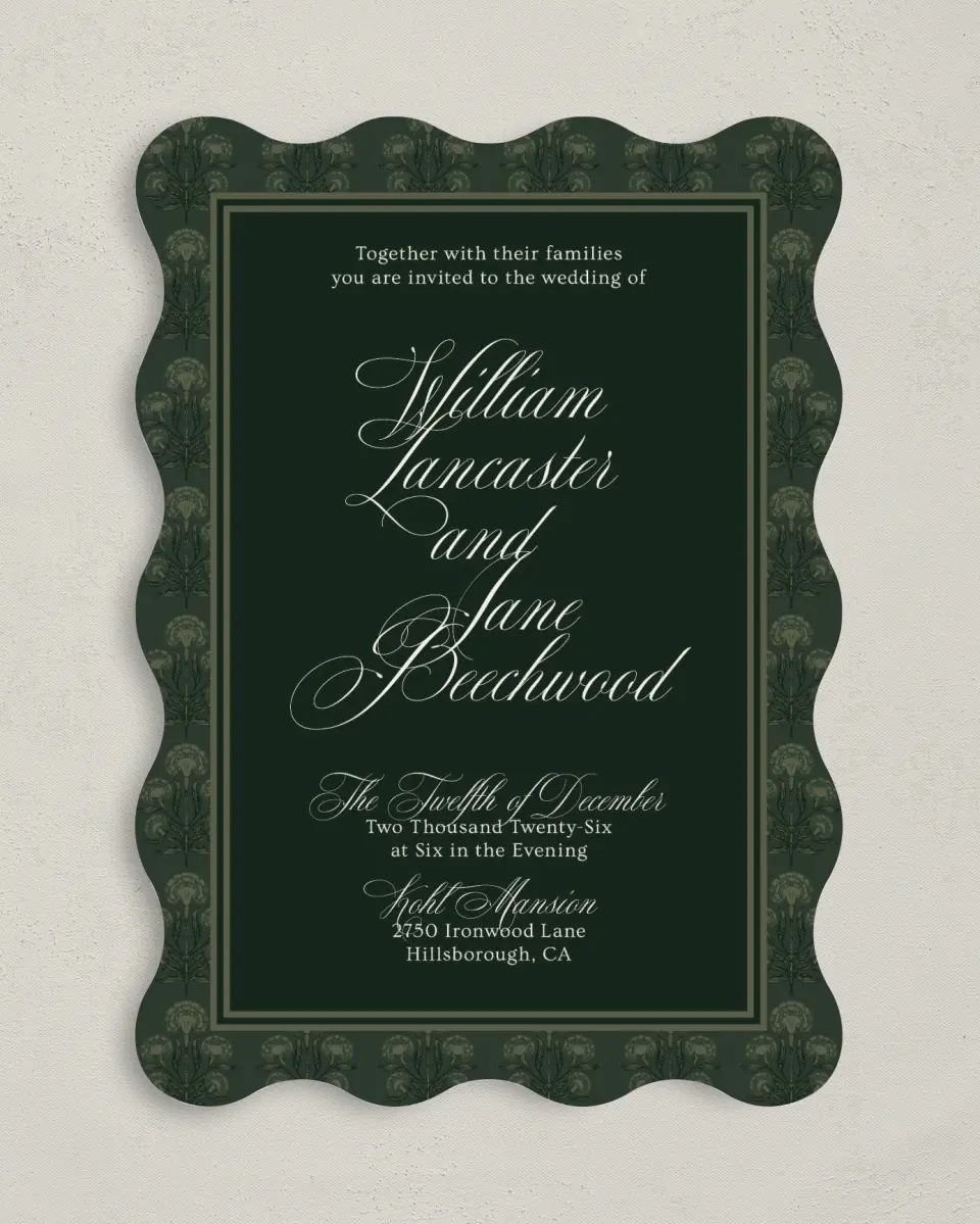 This is a 5" x 7" Wavy Wedding Invitation called Hillsborough printed in full color on Premium Smooth paper