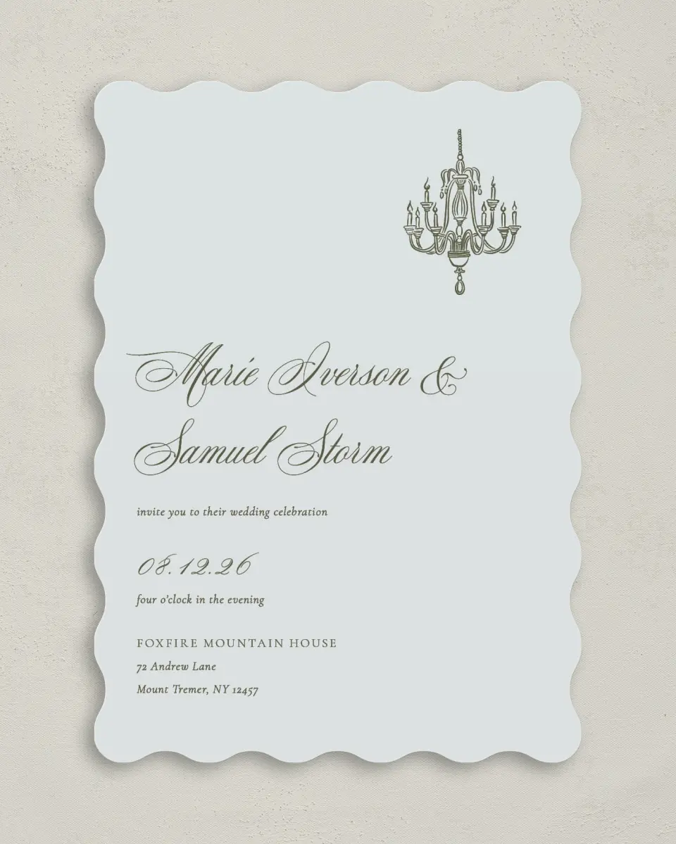 This is a 5" x 7" Wavy Wedding Invitation called Foxfire printed in full color on Premium Smooth paper