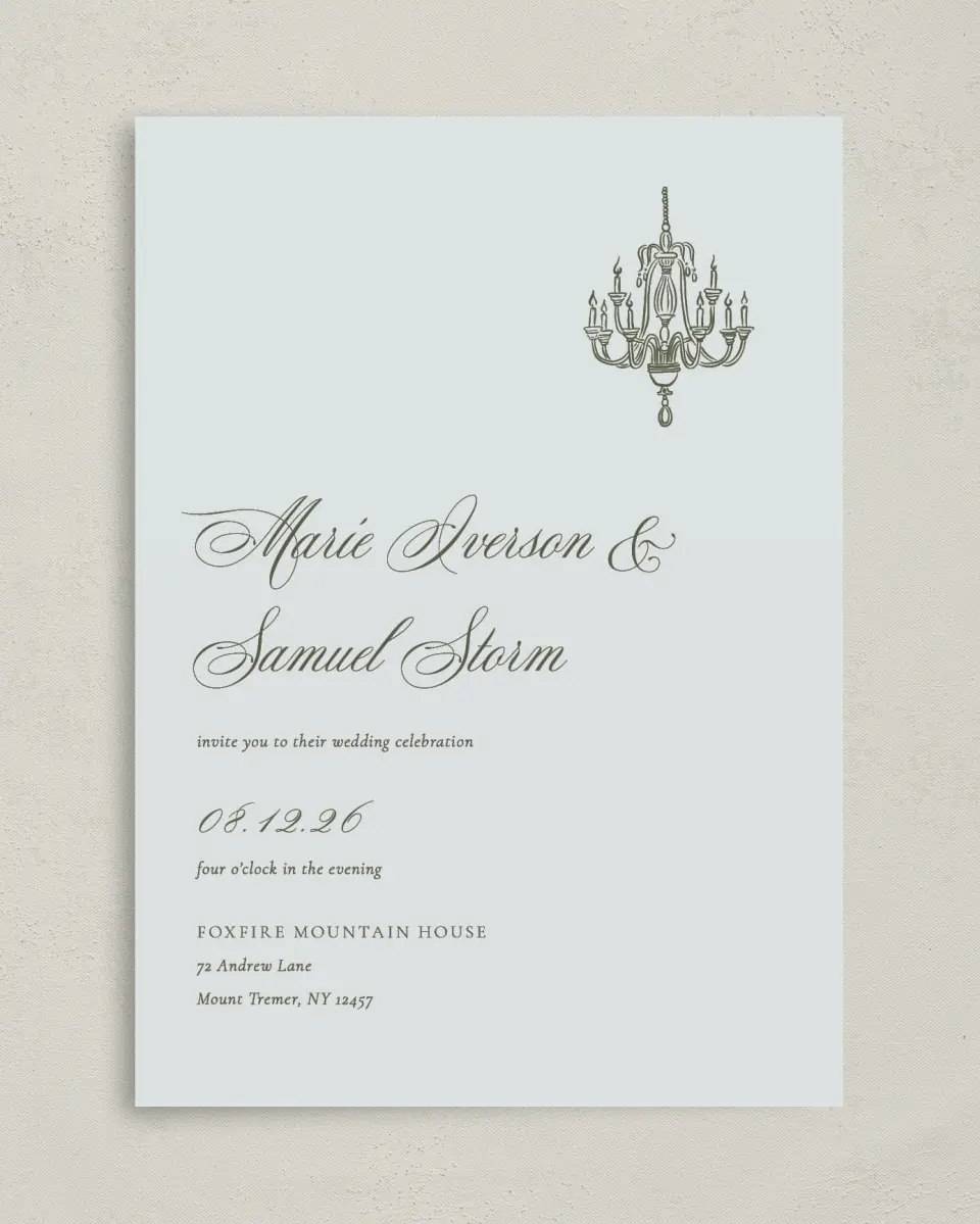 This is a 5" x 7" Classic Wedding Invitation called Foxfire printed in full color on Premium Smooth paper