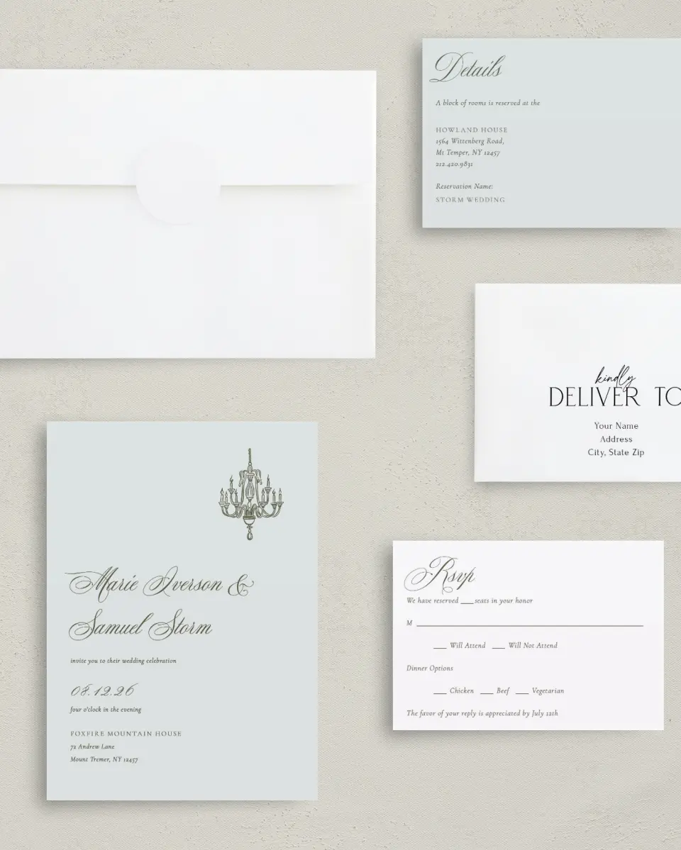 This is a 5" x 7" Classic Wedding Invitation called Foxfire printed in full color with Gold foil on Luxe Satin (coated) paper