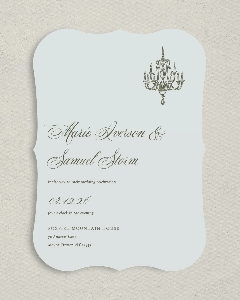 This is a 5" x 7" Bracket Wedding Invitation called Foxfire printed in full color with Silver foil on Luxe Satin (coated) paper