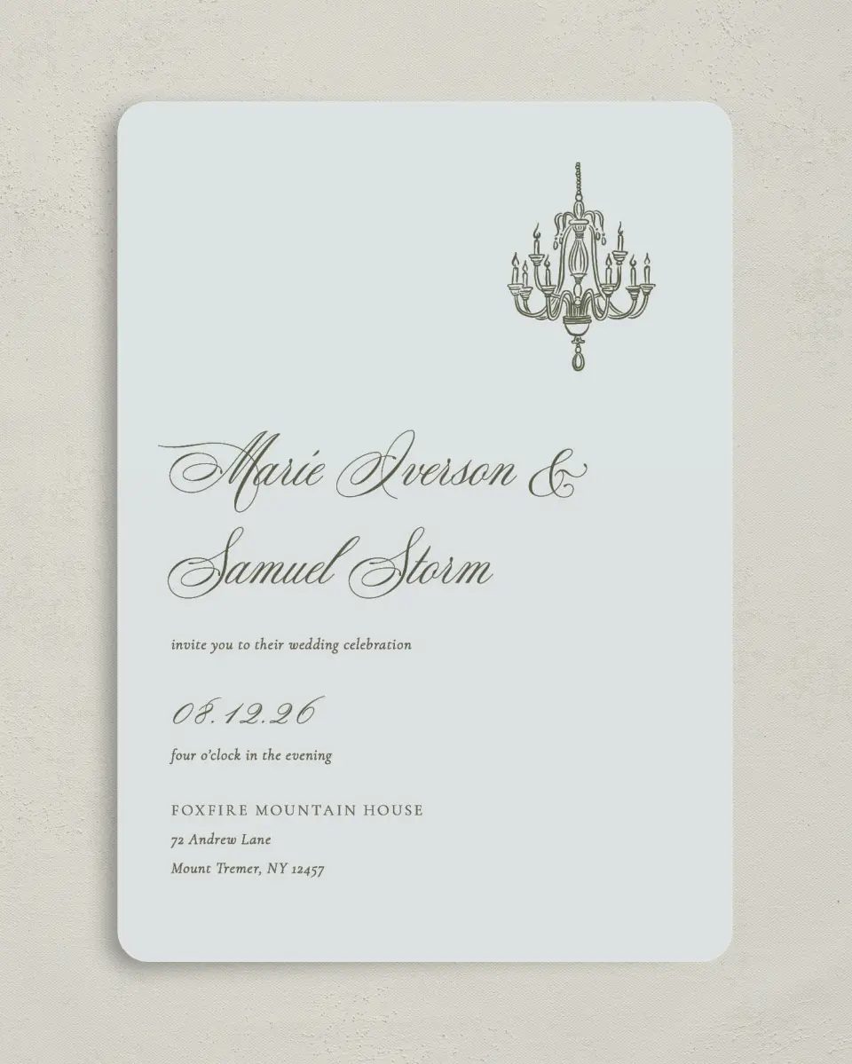 This is a 5" x 7" Rounded Wedding Invitation called Foxfire printed in full color on Premium Smooth paper