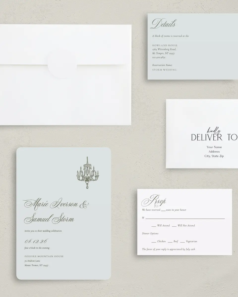 This is a 5" x 7" Rounded Wedding Invitation called Foxfire printed in full color with Silver foil on Luxe Satin (coated) paper