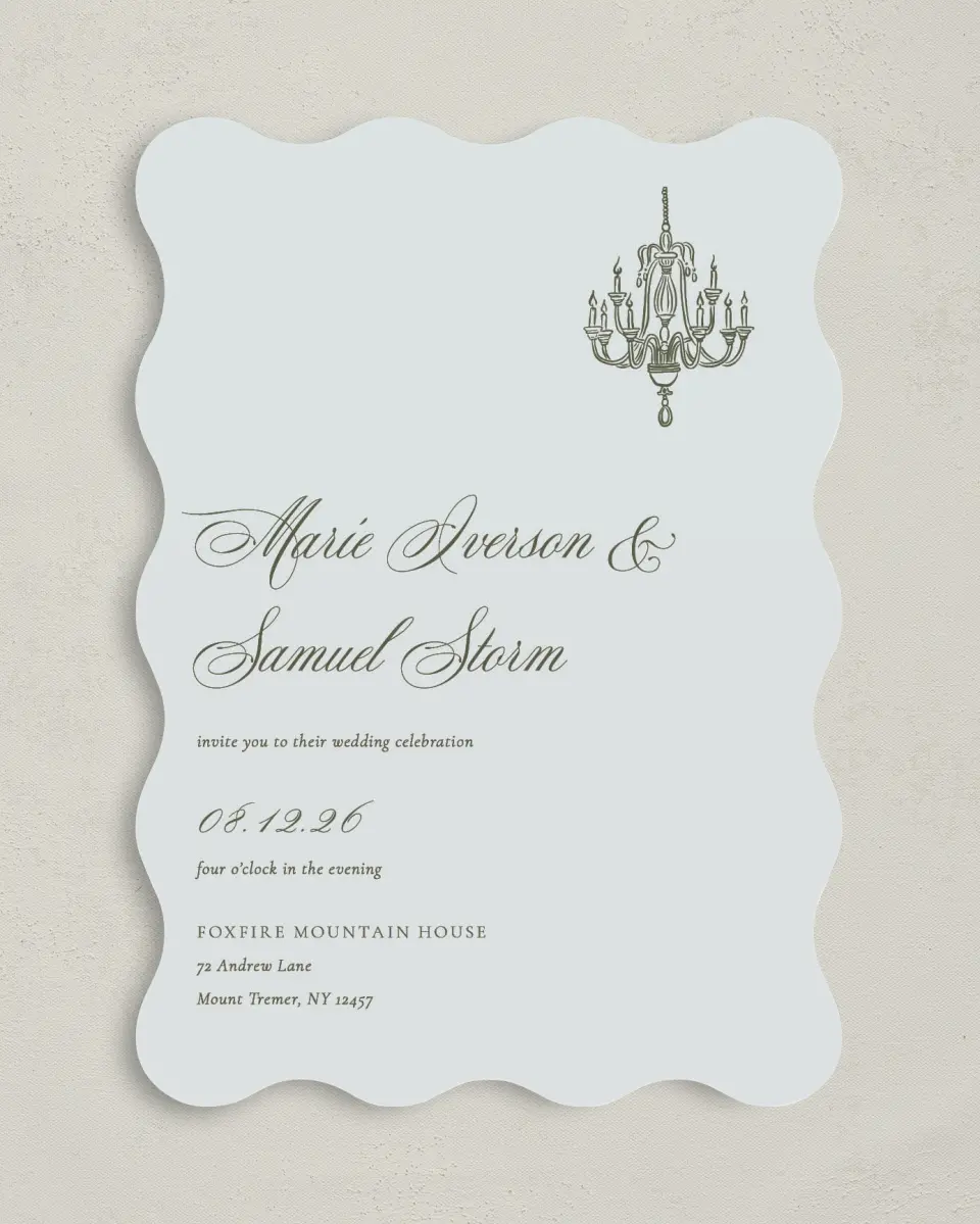 This is a 5" x 7" Wavy Wedding Invitation called Foxfire printed in full color on Premium Smooth paper