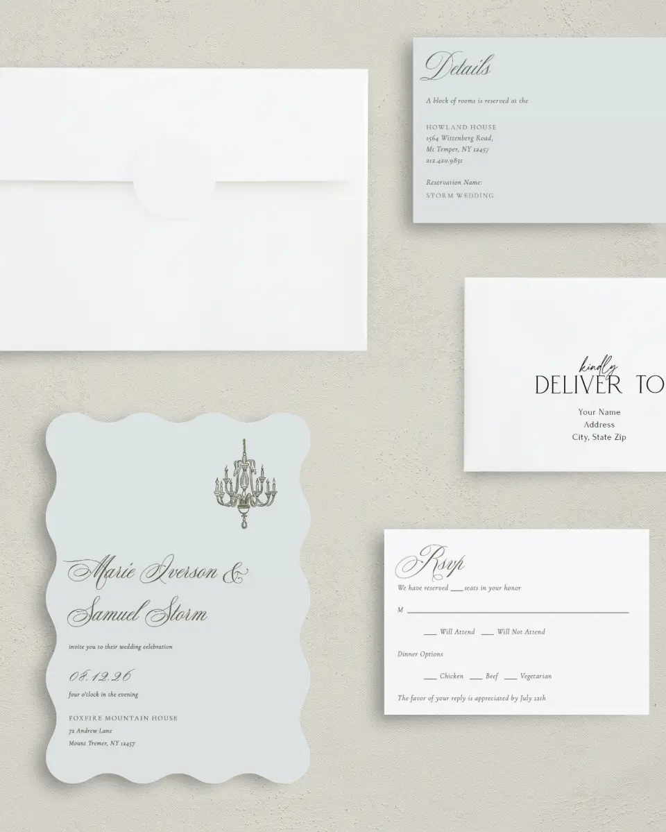This is a 5" x 7" Wavy Wedding Invitation called Foxfire printed in full color with Silver foil on Luxe Satin (coated) paper