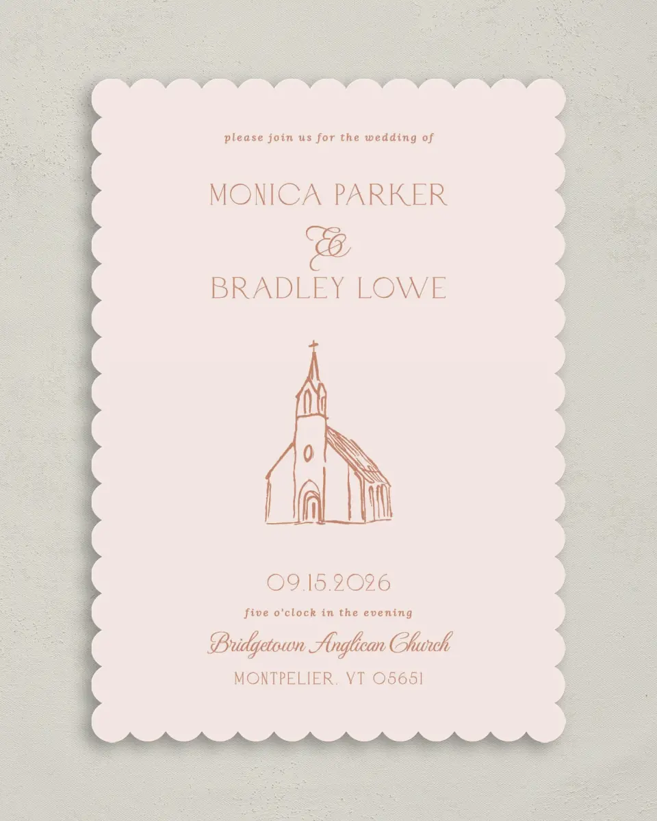 This is a 5" x 7" Classic Wedding Invitation called Bridgetown printed in full color on Premium Smooth paper