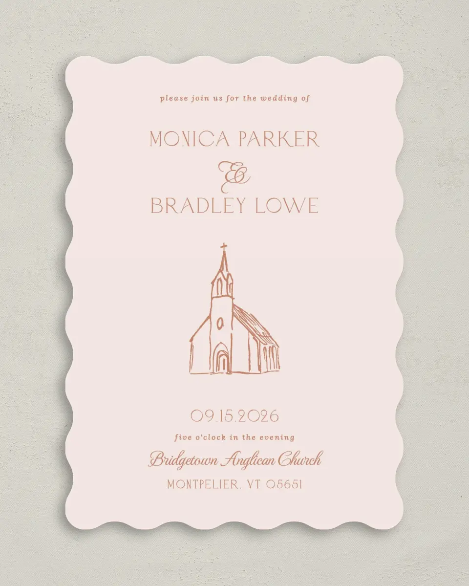 This is a 5" x 7" Wavy Wedding Invitation called Bridgetown printed in full color on Premium Smooth paper