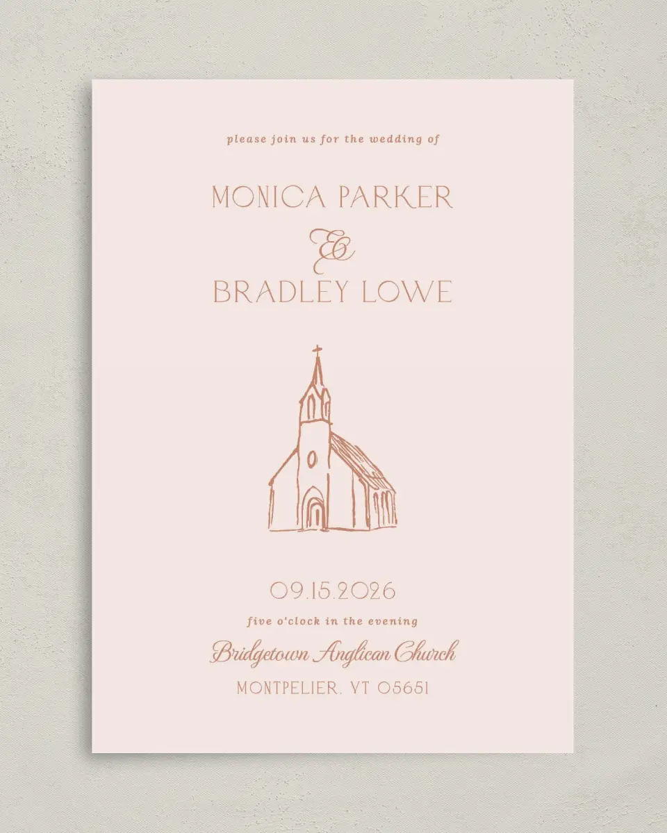 This is a 5" x 7" Classic Wedding Invitation called Bridgetown printed in full color on Premium Smooth paper