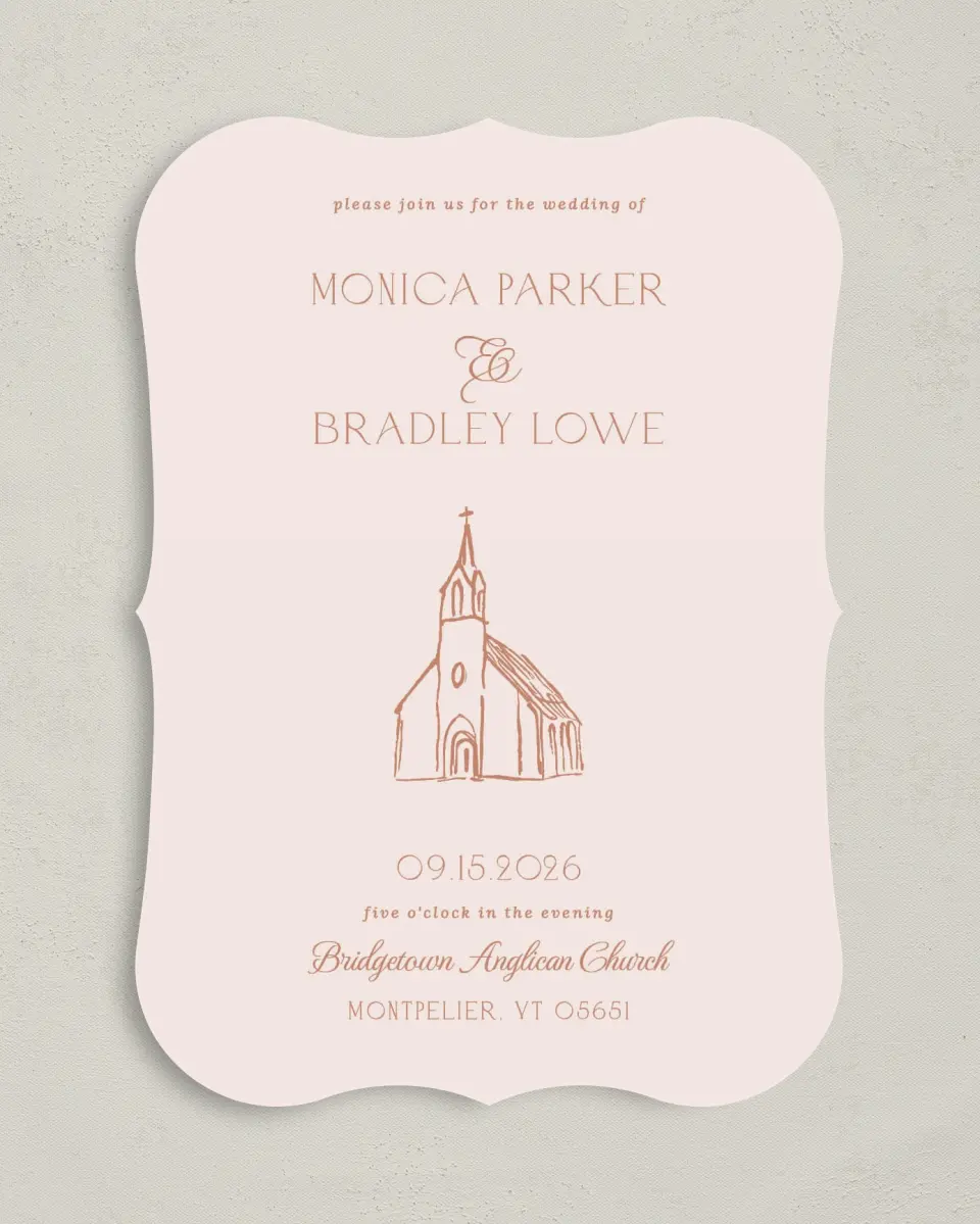 This is a 5" x 7" Bracket Wedding Invitation called Bridgetown printed in full color with Silver foil on Luxe Satin (coated) paper