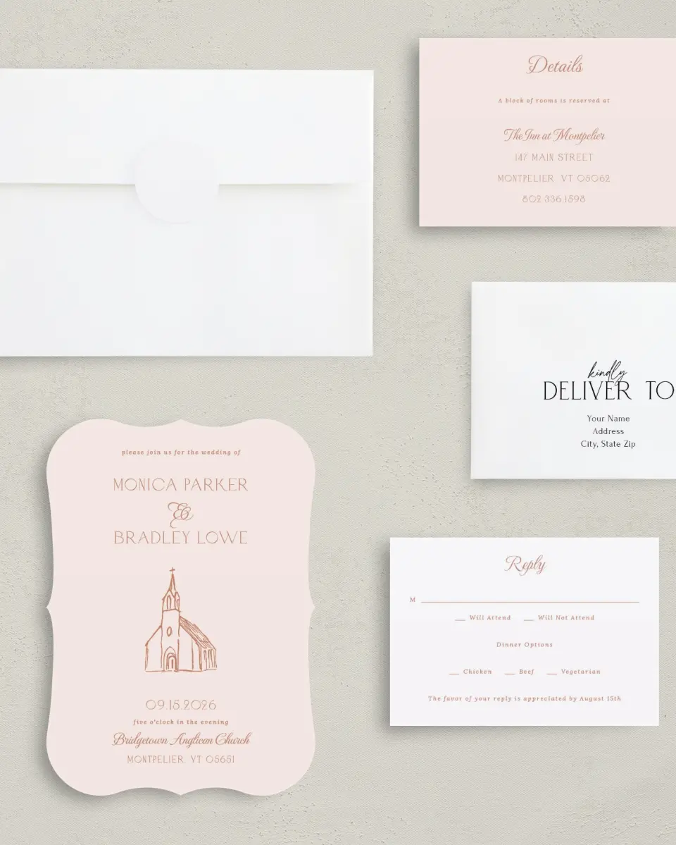 This is a 5" x 7" Bracket Wedding Invitation called Bridgetown printed in full color with Silver foil on Luxe Satin (coated) paper