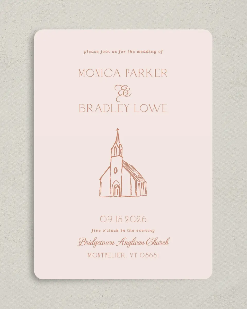 This is a 5" x 7" Rounded Wedding Invitation called Bridgetown printed in full color on Premium Smooth paper