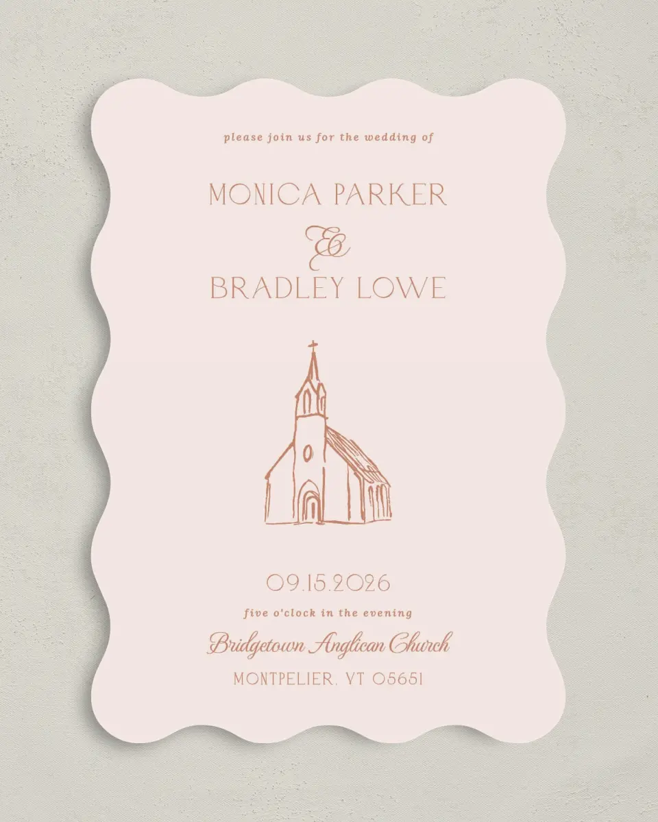 This is a 5" x 7" Wavy Wedding Invitation called Bridgetown printed in full color on Premium Smooth paper