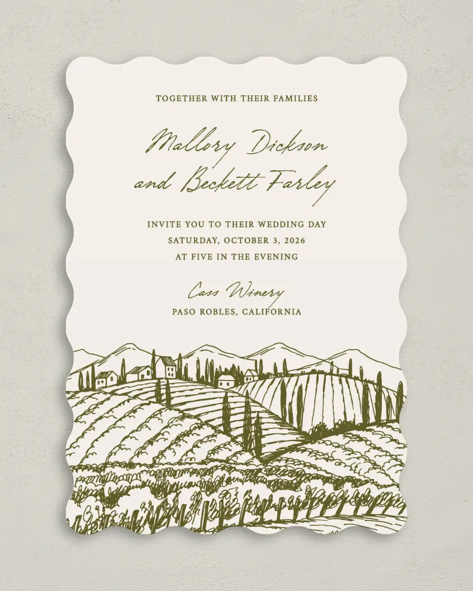 This is a 5" x 7" Wavy Wedding Invitation called Ivyhill printed in full color on Premium Smooth paper