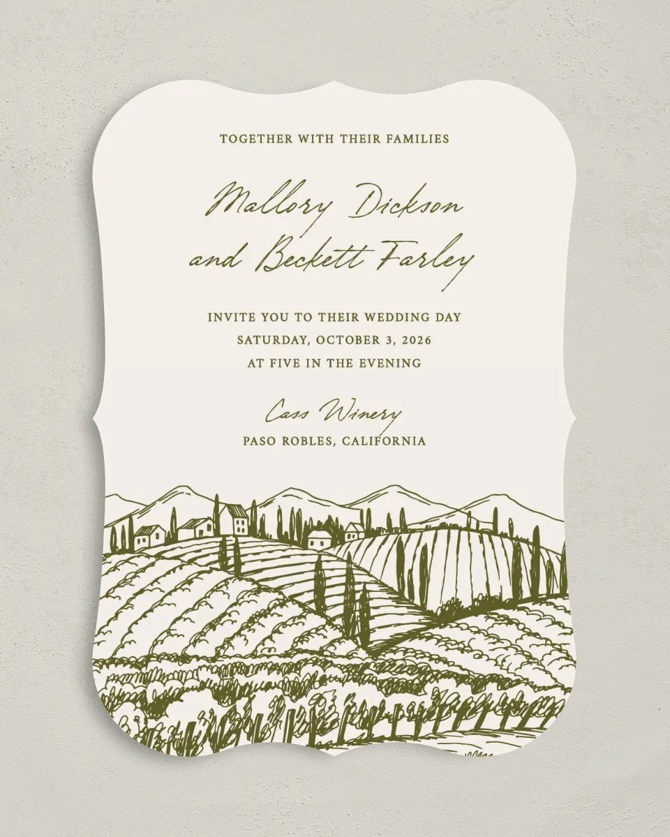 This is a 5" x 7" Bracket Wedding Invitation called Ivyhill printed in full color with Silver foil on Luxe Satin (coated) paper