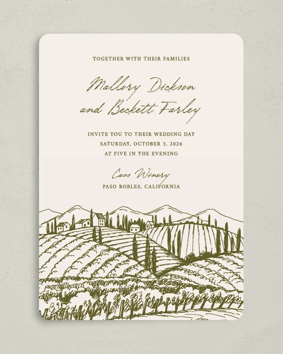 This is a 5" x 7" Rounded Wedding Invitation called Ivyhill printed in full color on Premium Smooth paper
