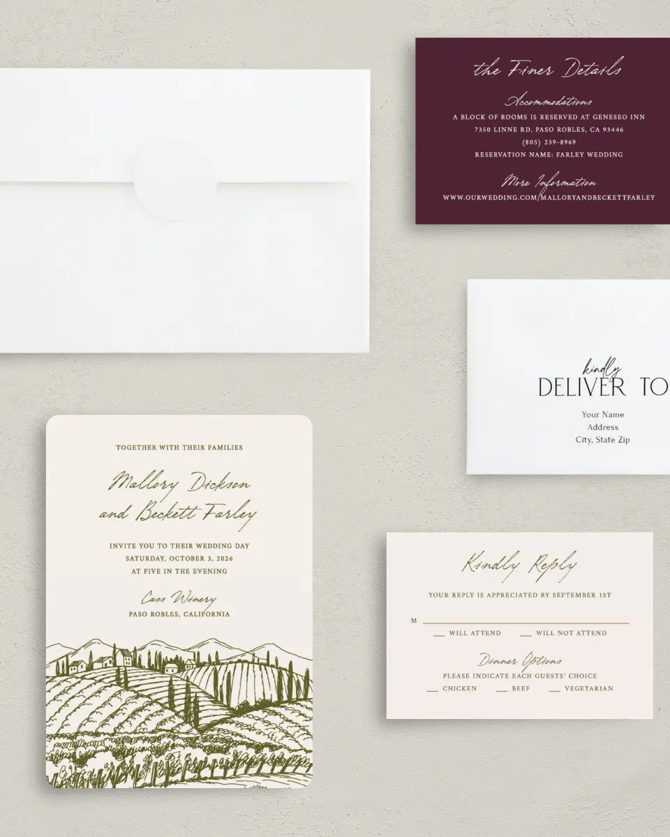This is a 5" x 7" Rounded Wedding Invitation called Ivyhill printed in full color with Silver foil on Luxe Satin (coated) paper